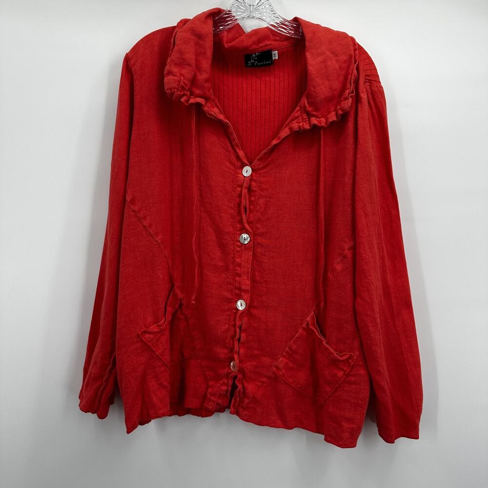 Fenini Jacket Womens Medium Red Orange Linen Button Front Ruffle Collar Pockets